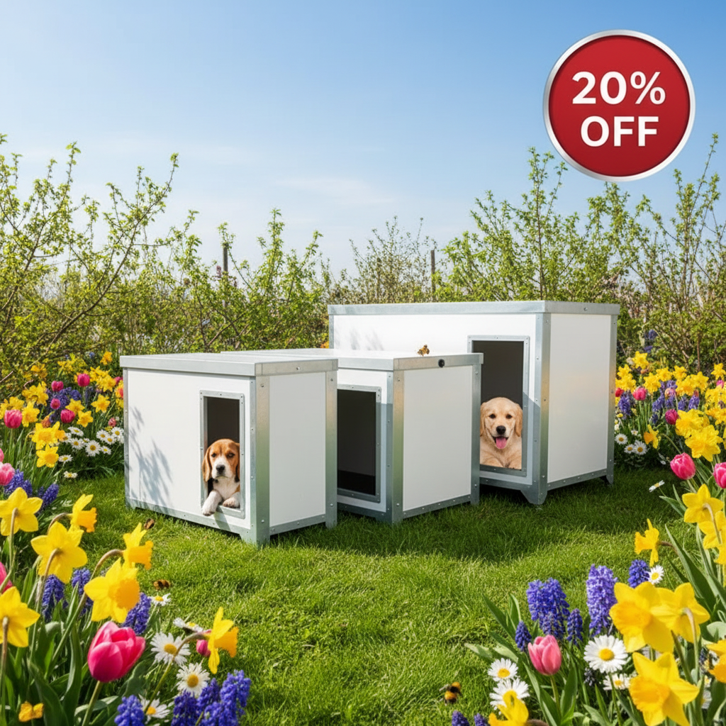 Heavy duty thermal composite dog cabin with 20mm insulated panels in garden setting