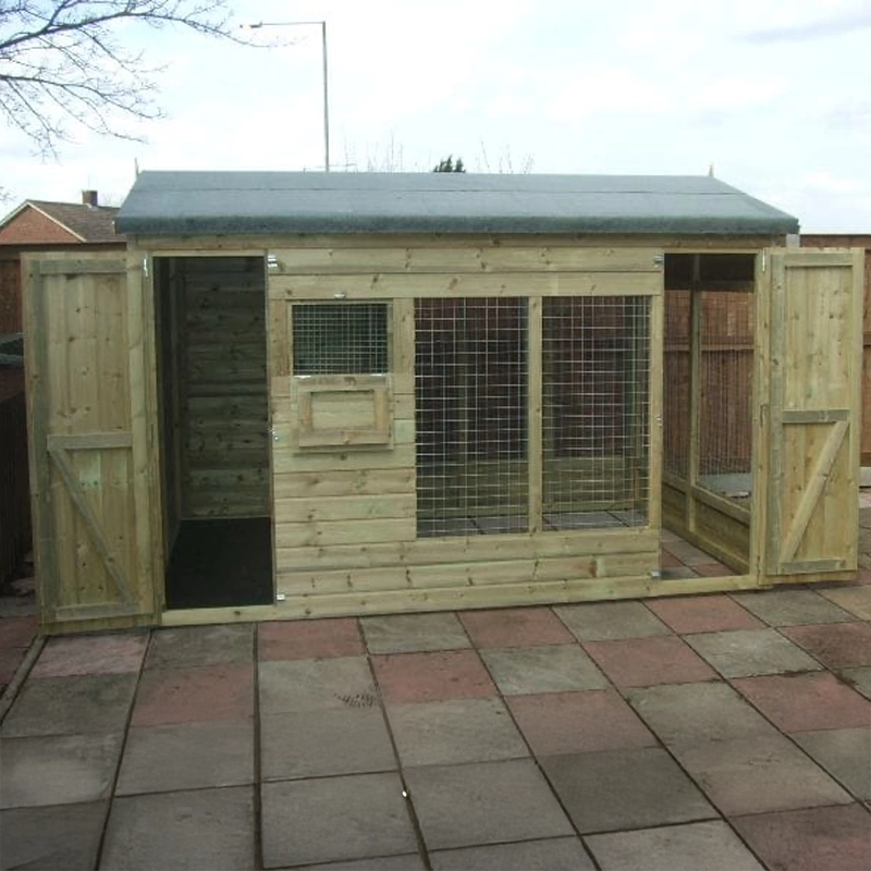 A Kennelstore 10x4 Winterley Outdoor Dog Kennel & Run. The pressure-treated timber kennel features a classic apex roof and is covered by a 10-year anti-rot guarantee, ideal for use with dogs or rabbits.