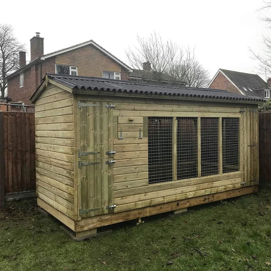 12ft x 5ft Robust Premium Winterley dog kennel showing the 3 open mesh sides, full-height walk-in design, and protective draft skirt.