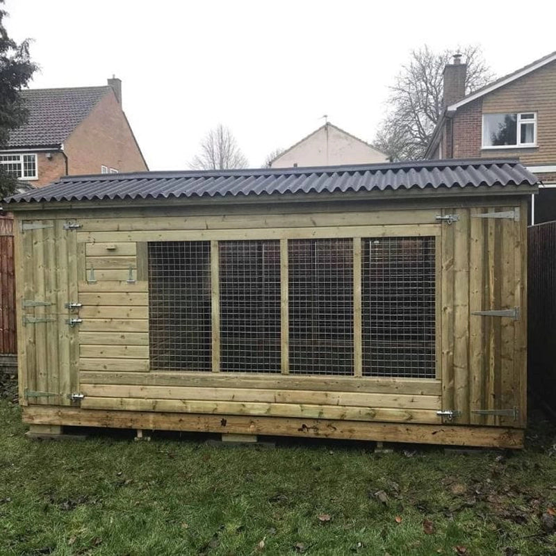A Kennelstore 12x6 Winterley Outdoor Dog Kennel & Run. The pressure-treated timber kennel features a classic apex roof and is covered by a 10-year anti-rot guarantee, ideal for use with dogs or rabbits.