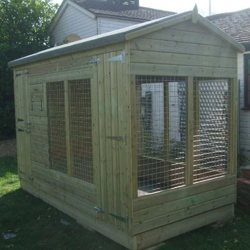 A Kennelstore 8x4 Winterley Outdoor Dog Kennel & Run. The pressure-treated timber kennel features a classic apex roof and is covered by a 10-year anti-rot guarantee, ideal for use with dogs or rabbits.