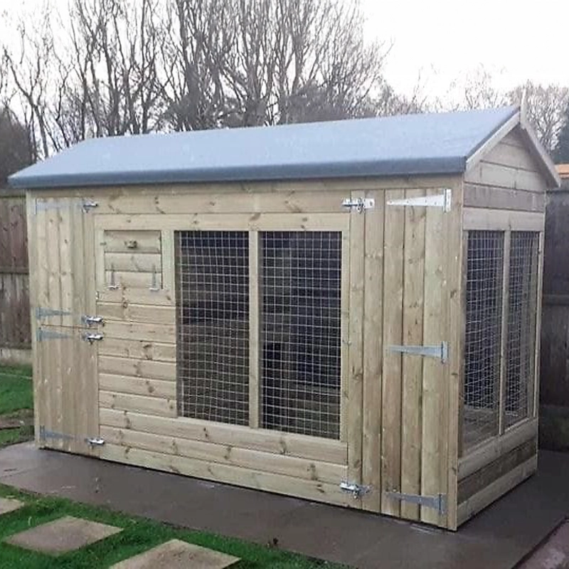 A Kennelstore 8x5 Winterley Outdoor Dog Kennel & Run. The pressure-treated timber kennel features a classic apex roof and is covered by a 10-year anti-rot guarantee, ideal for use with dogs or rabbits.