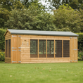 Load image into Gallery viewer, 14ft x 5ft Grand Winterley wooden dog kennel showing the 70 sq ft layout, 3 mesh sides, dual pedestrian doors, and full-height apex roof.
