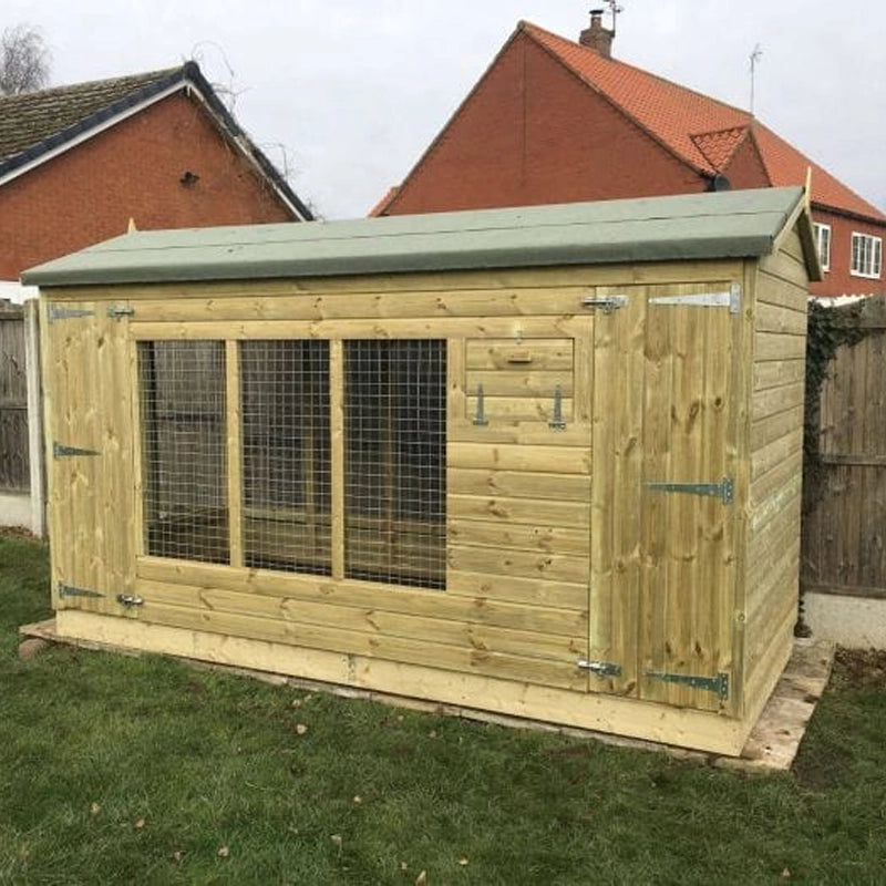 A Kennelstore 10x4 Winterley Outdoor Dog Kennel & Run. The pressure-treated timber kennel features a classic apex roof and is covered by a 10-year anti-rot guarantee, ideal for use with dogs or rabbits.
