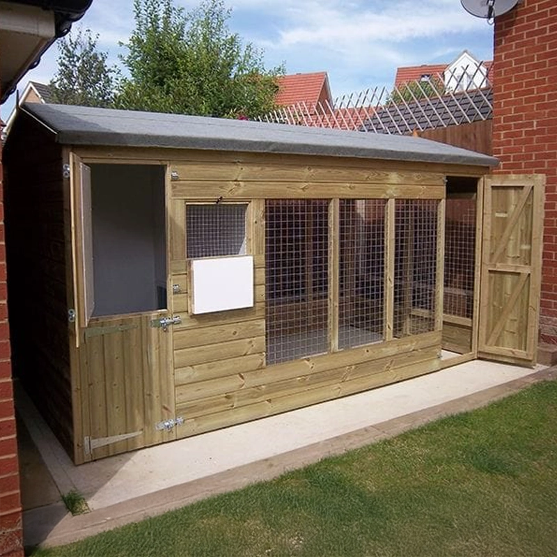 A Kennelstore 10x4 Winterley Outdoor Dog Kennel & Run. The pressure-treated timber kennel features a classic apex roof and is covered by a 10-year anti-rot guarantee, ideal for use with dogs or rabbits.
