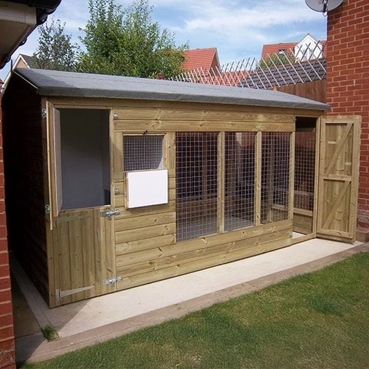 10 x 5 Wide Comfort Winterley wooden dog kennel and run showing the 3 open mesh sides and 10ft wide full-height apex design.