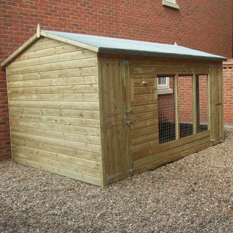 A Kennelstore 10x6 Winterley Outdoor Dog Kennel & Run. The pressure-treated timber kennel features a classic apex roof and is covered by a 10-year anti-rot guarantee, ideal for use with dogs or rabbits.