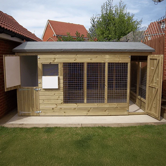 Outdoor Dog Kennel & Run. The pressure-treated timber kennel features a classic apex roof and is covered by a 15-year anti-rot guarantee, ideal for use with dogs or rabbits.