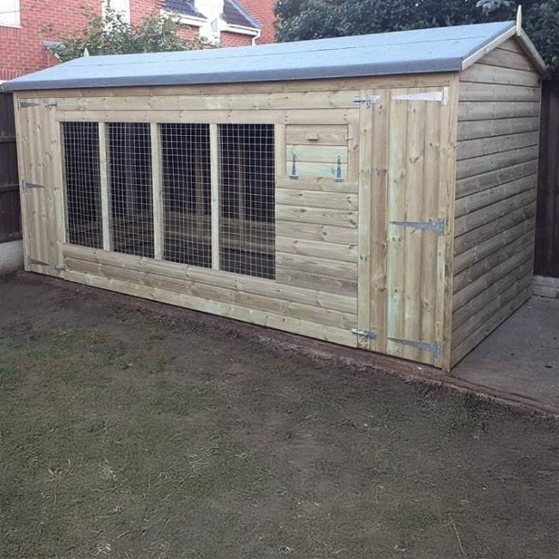 A Kennelstore 14x6 Winterley Outdoor Dog Kennel & Run. The pressure-treated timber kennel features a classic apex roof and is covered by a 10-year anti-rot guarantee, ideal for use with dogs or rabbits.