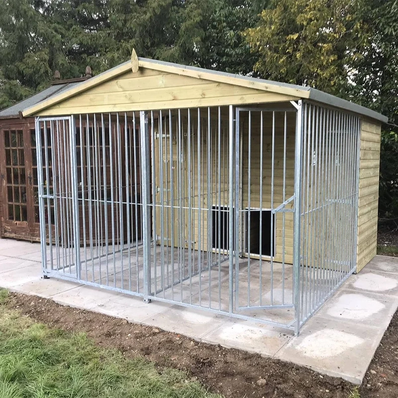 A large, 6x9 wooden Kennelstore Wymbury Double Dog Kennel and Run, featuring a classic apex roof. The kennel is constructed with durable, pressure-treated tanalised timber and includes galvanised steel panels, making it ideal for housing and separating multiple dogs securely.