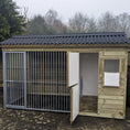 Load image into Gallery viewer, A Kennelstore 12x5 Wymbury Wooden Dog Kennel and Run. The spacious outdoor shelter is built with durable timber to provide a secure and comfortable home for a dog.
