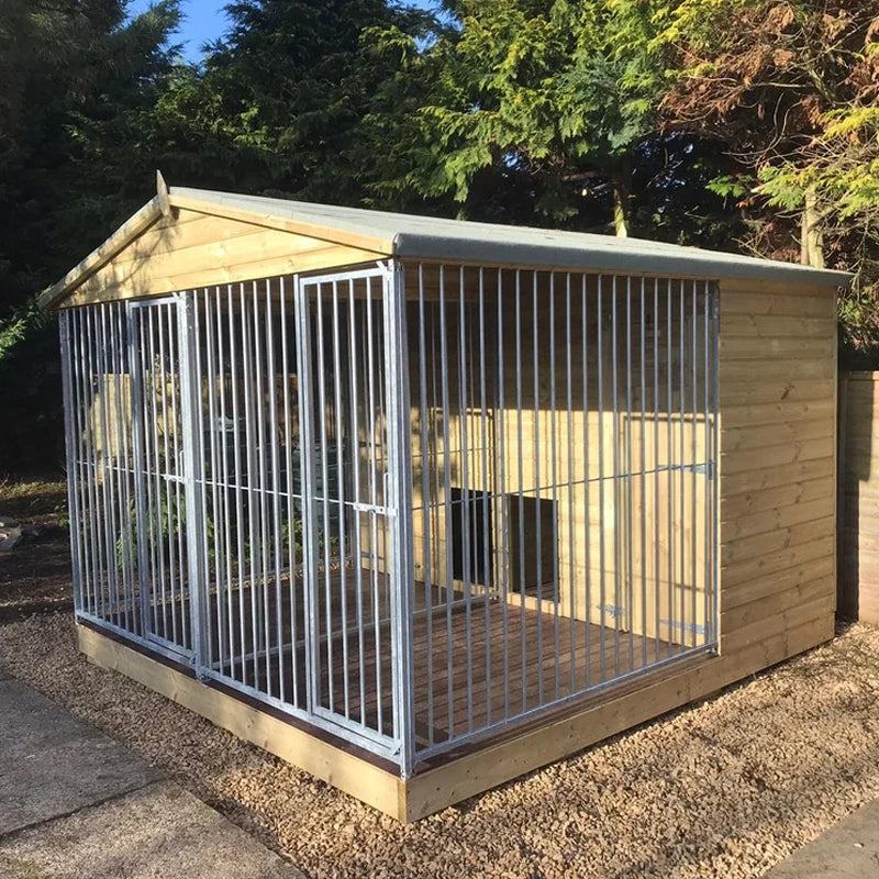 A large, 6x9 wooden Kennelstore Wymbury Double Dog Kennel and Run, featuring a classic apex roof. The kennel is constructed with durable, pressure-treated tanalised timber and includes galvanised steel panels, making it ideal for housing and separating multiple dogs securely.