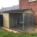 Load image into Gallery viewer, A large, 6x9 wooden Kennelstore Wymbury Double Dog Kennel and Run, featuring a classic apex roof. The kennel is constructed with durable, pressure-treated tanalised timber and includes galvanised steel panels, making it ideal for housing and separating multiple dogs securely.

