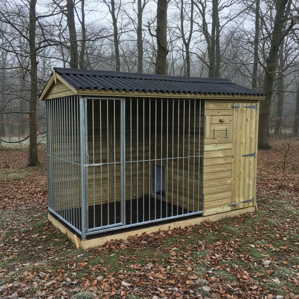 Traditional Wymbury 8x5 wooden dog kennel and run with a classic high-pitched apex roof.