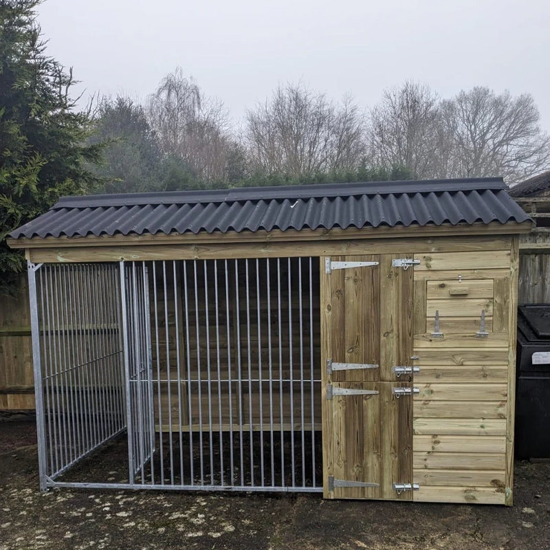 A Kennelstore 10x5 Wymbury Wooden Dog Kennel and Run. The spacious outdoor shelter is built with durable timber to provide a secure and comfortable home for a dog.