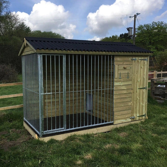 Wooden Dog Kennel and Run. The spacious outdoor shelter is built with durable timber to provide a secure and comfortable home for a dog.